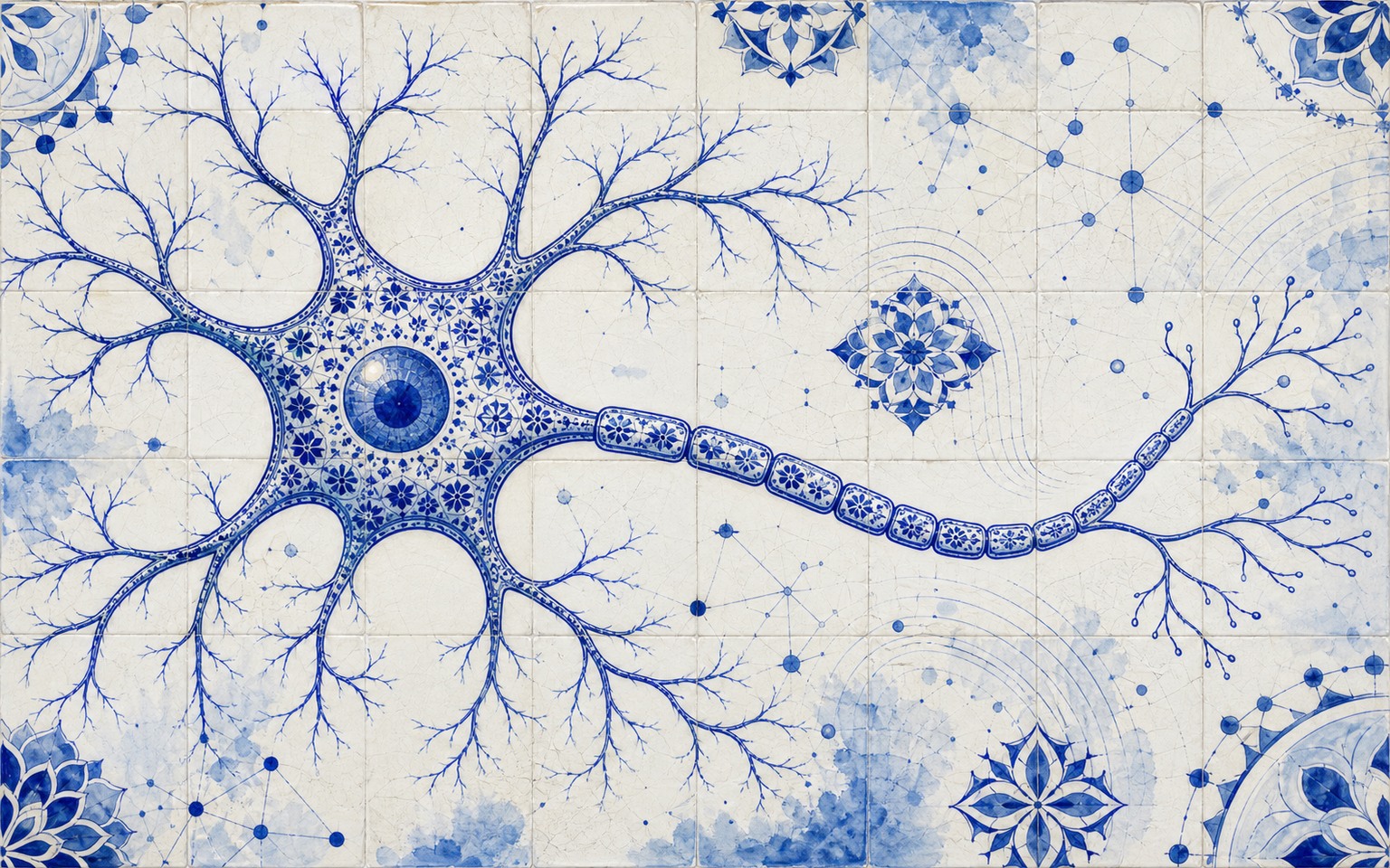 A neuron rendered as a cobalt-blue Portuguese azulejo scientific mural