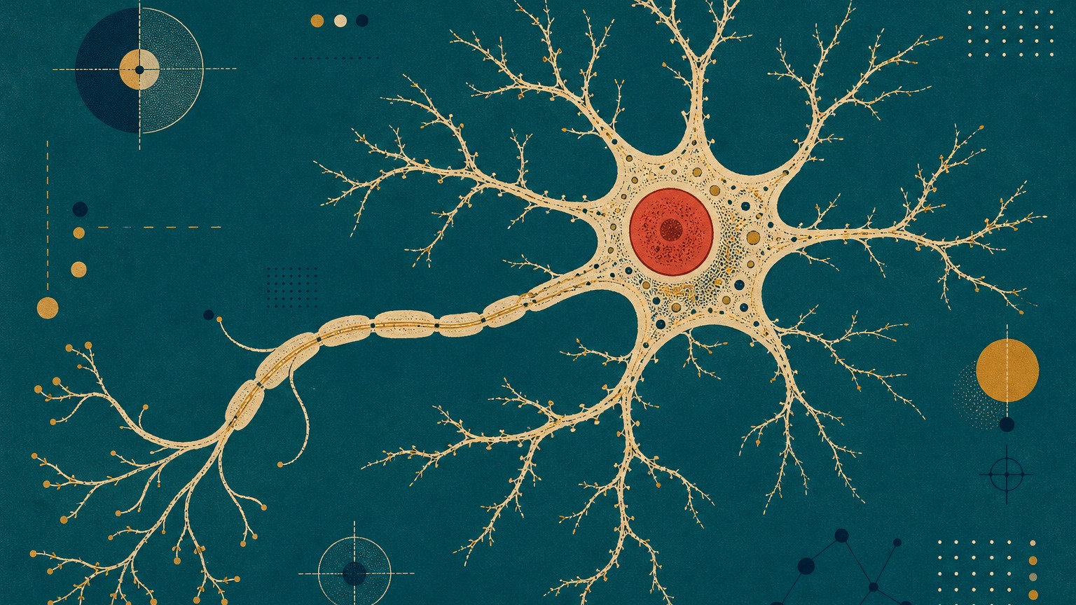 Screen-printed scientific plate of a branching neuron with a vermilion soma on a petrol-teal field