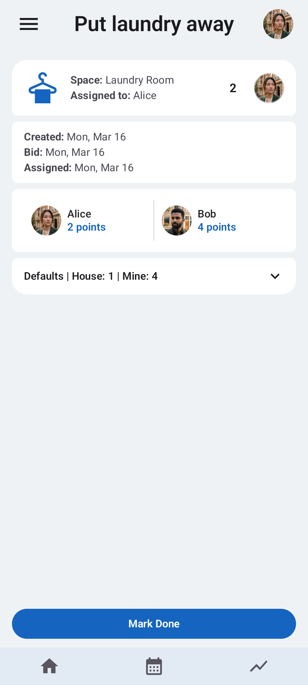Octidy assigned household task screen