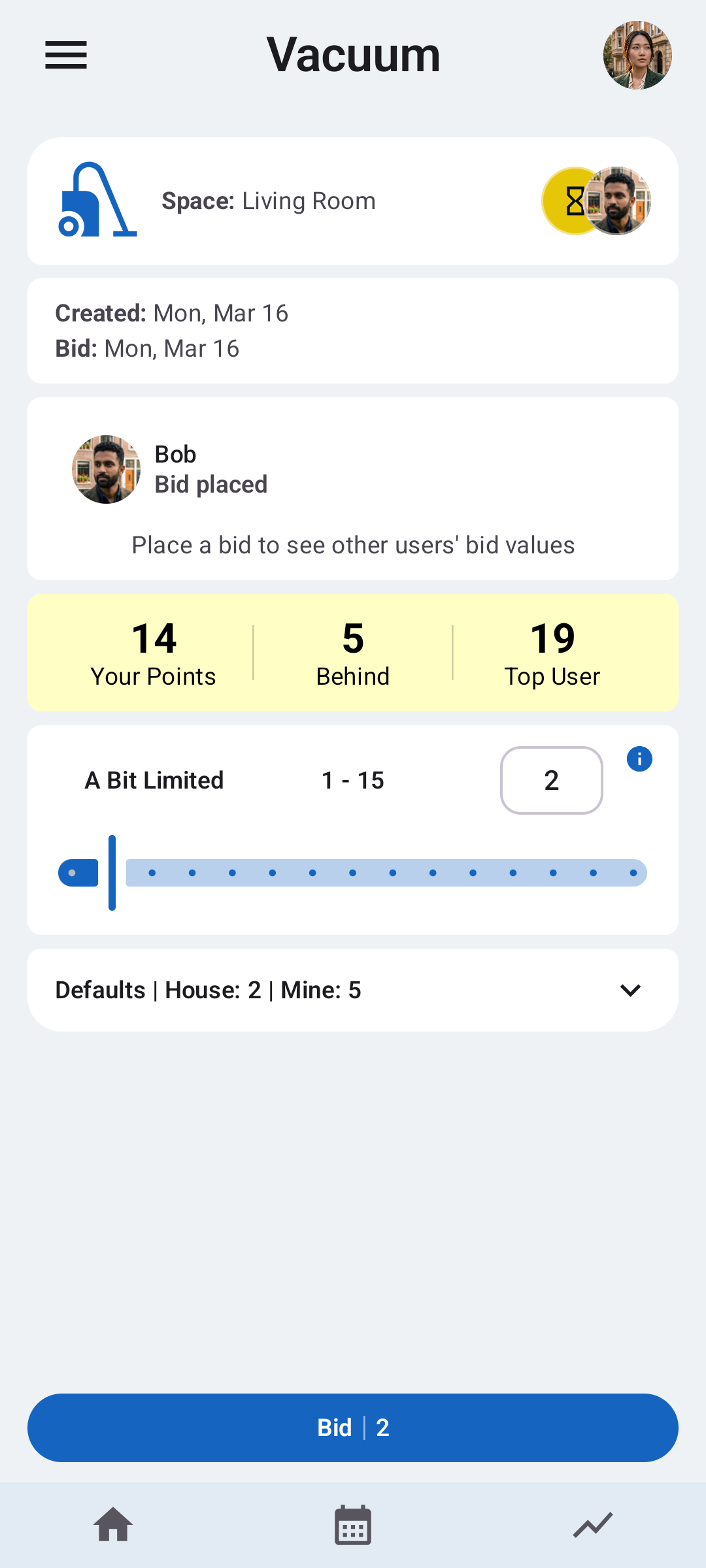 Octidy household chore bidding screen