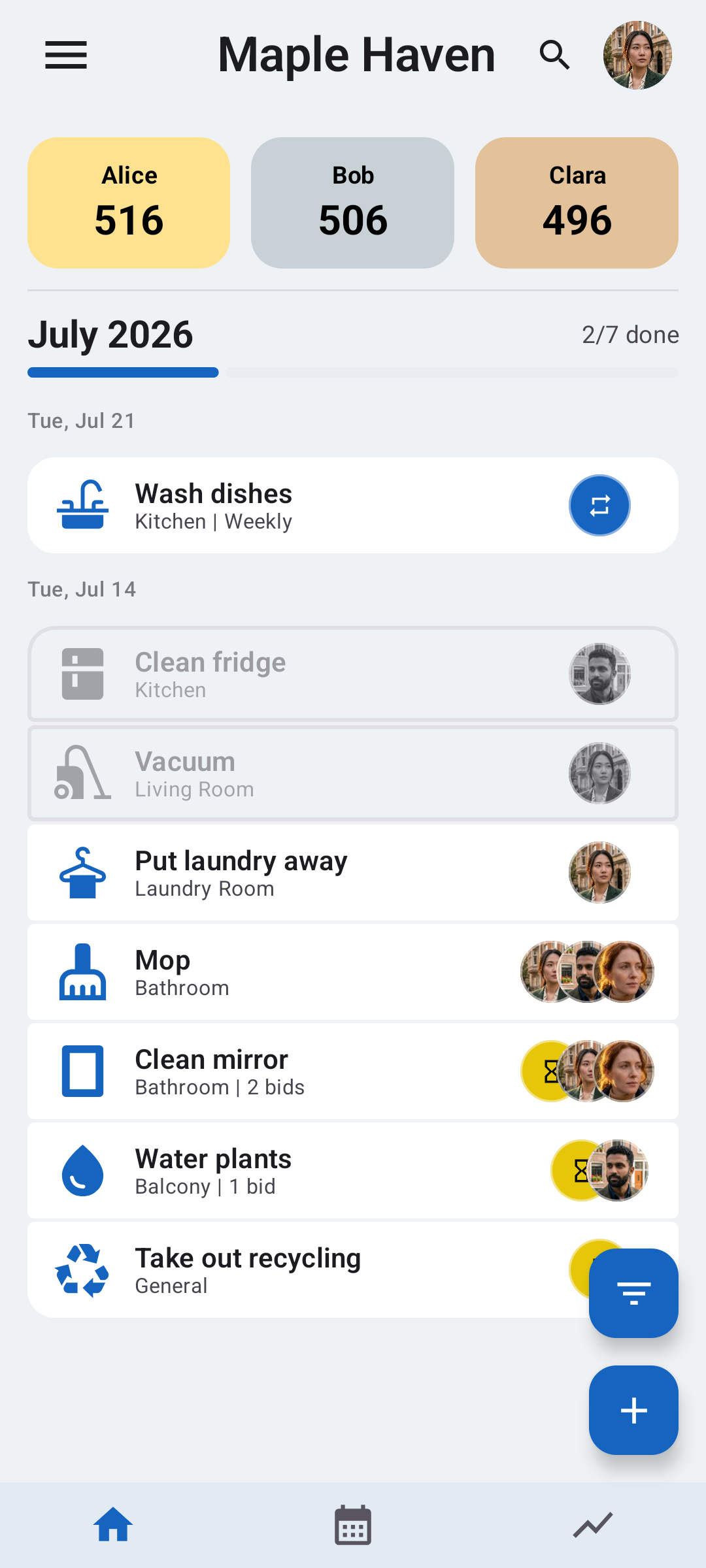 Octidy shared household chores dashboard