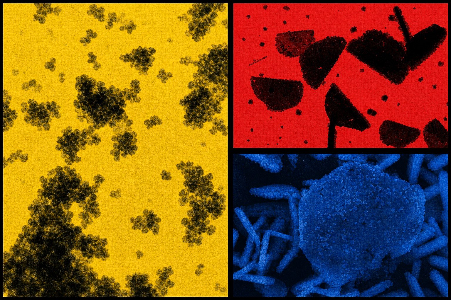AI-stylized three-panel porphyrin microscopy plate adapted to the design language